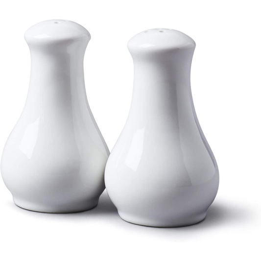 a salt and a pepper shaker, both with curved bodies