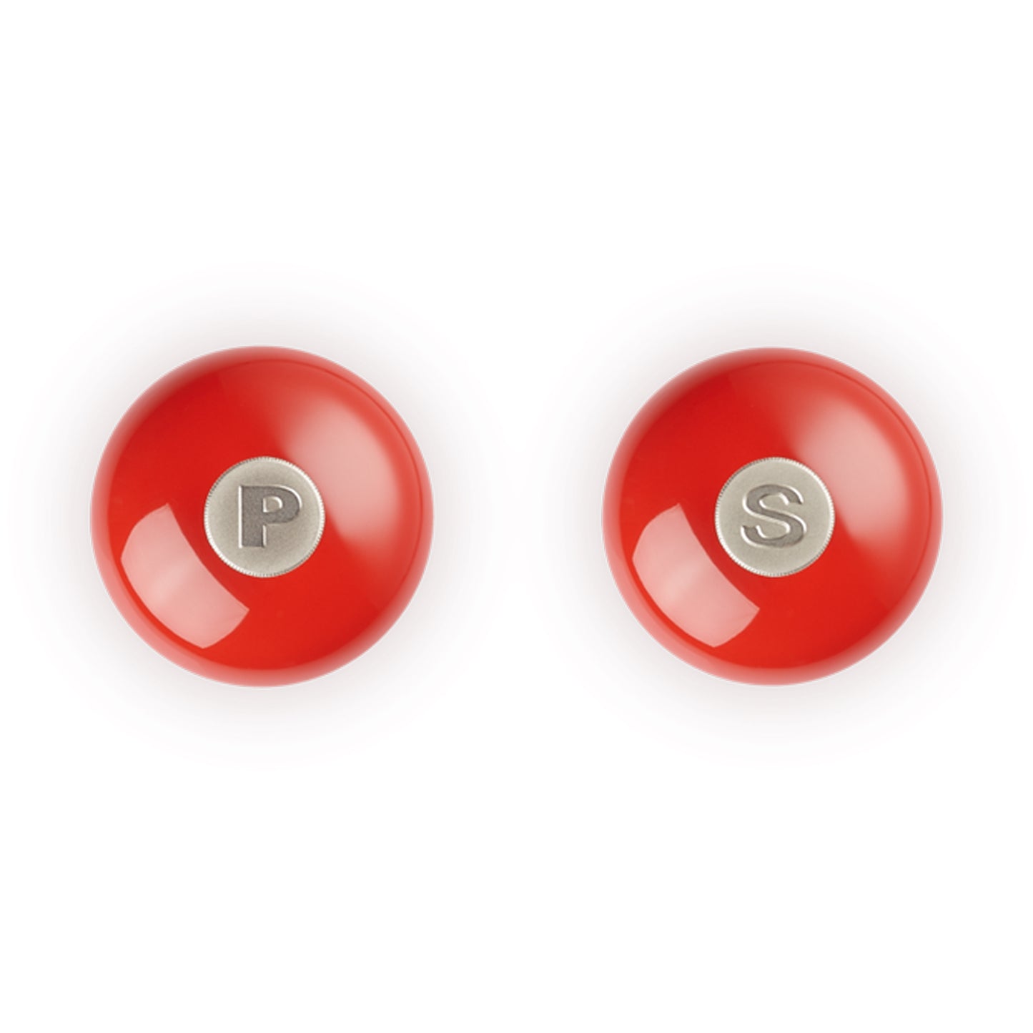 top view of Le Creuset's salt and pepper mill set in red
