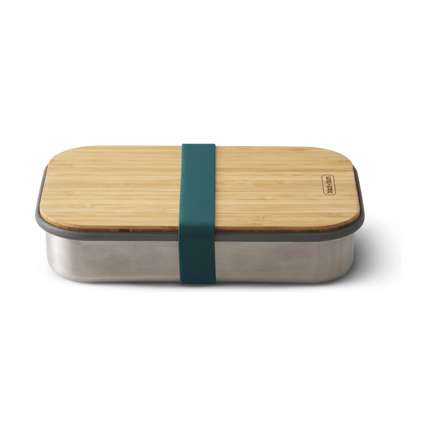 the stainless steel box with it's wooden lid and blue silicone strap