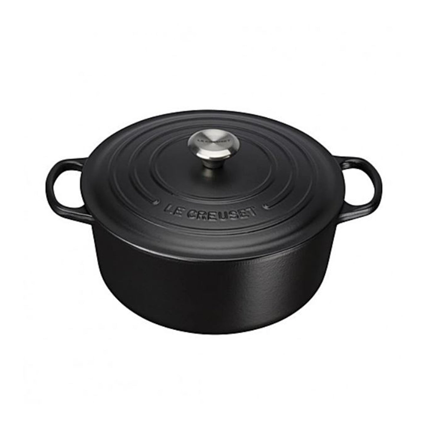 a black cast iron pot with lid and stainless steel knob 