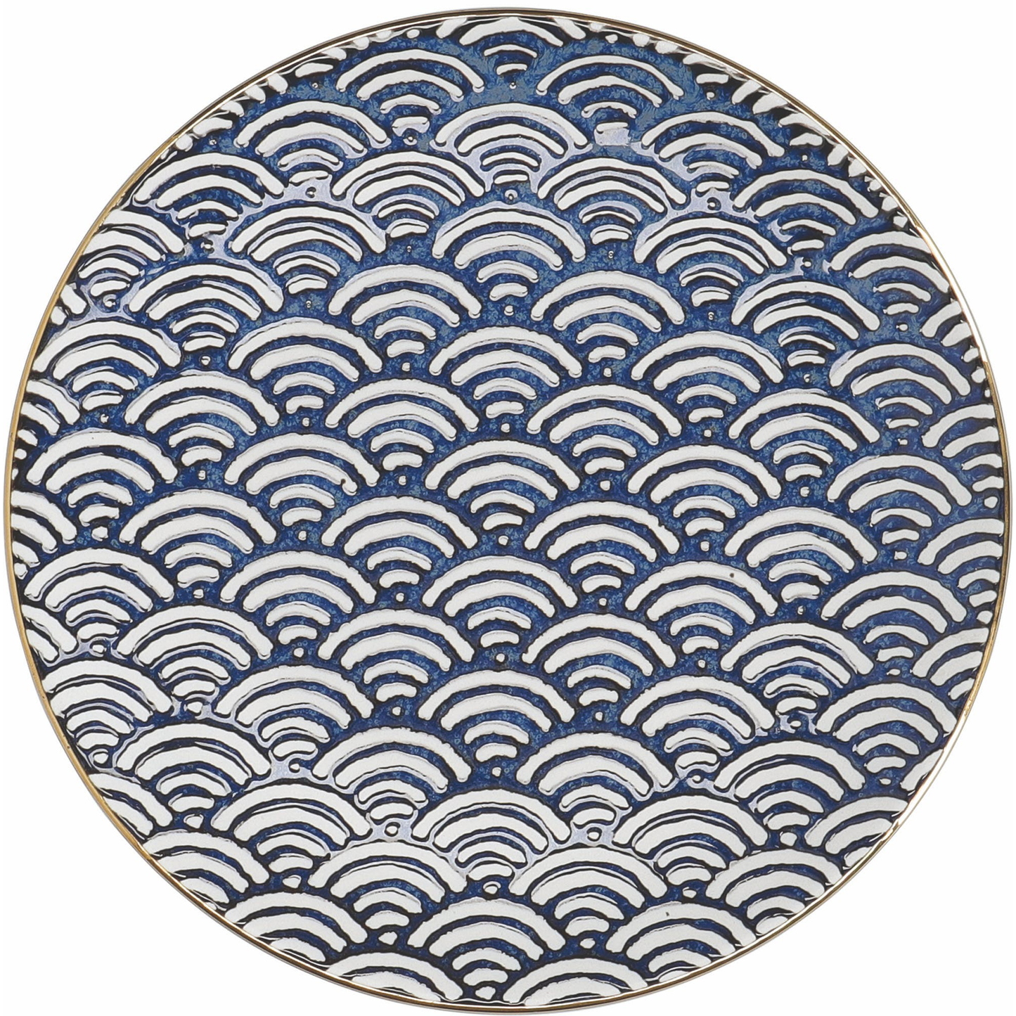 a gold rimmed side plate with a blue and white wave pattern