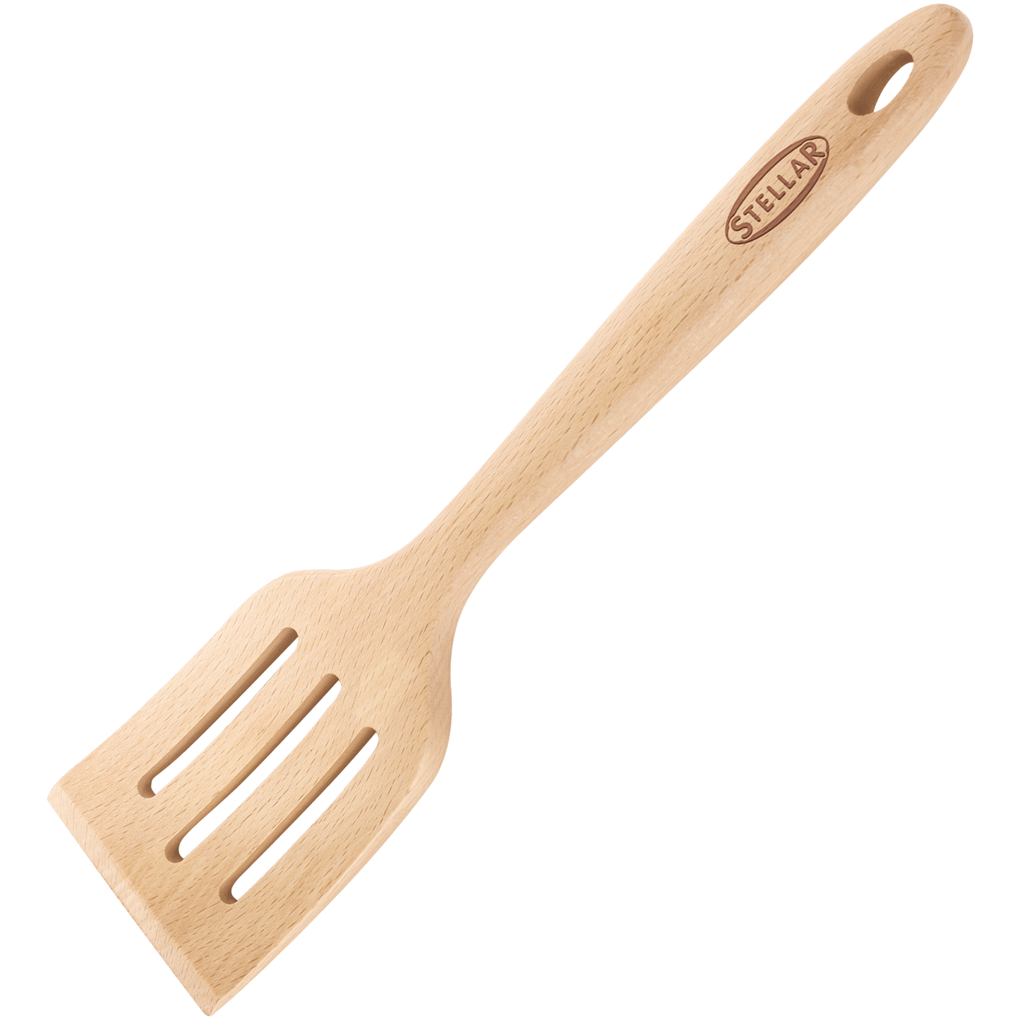 a beechwood slotted turner with the Stellar logo printed on the handle