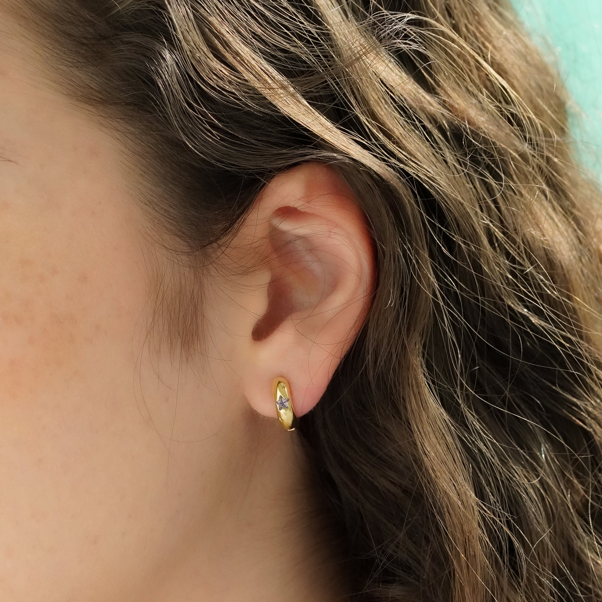close up of model wearing earring 