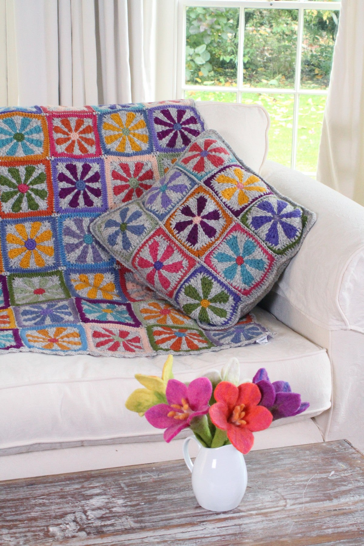 multicoloured crotched cushion cover