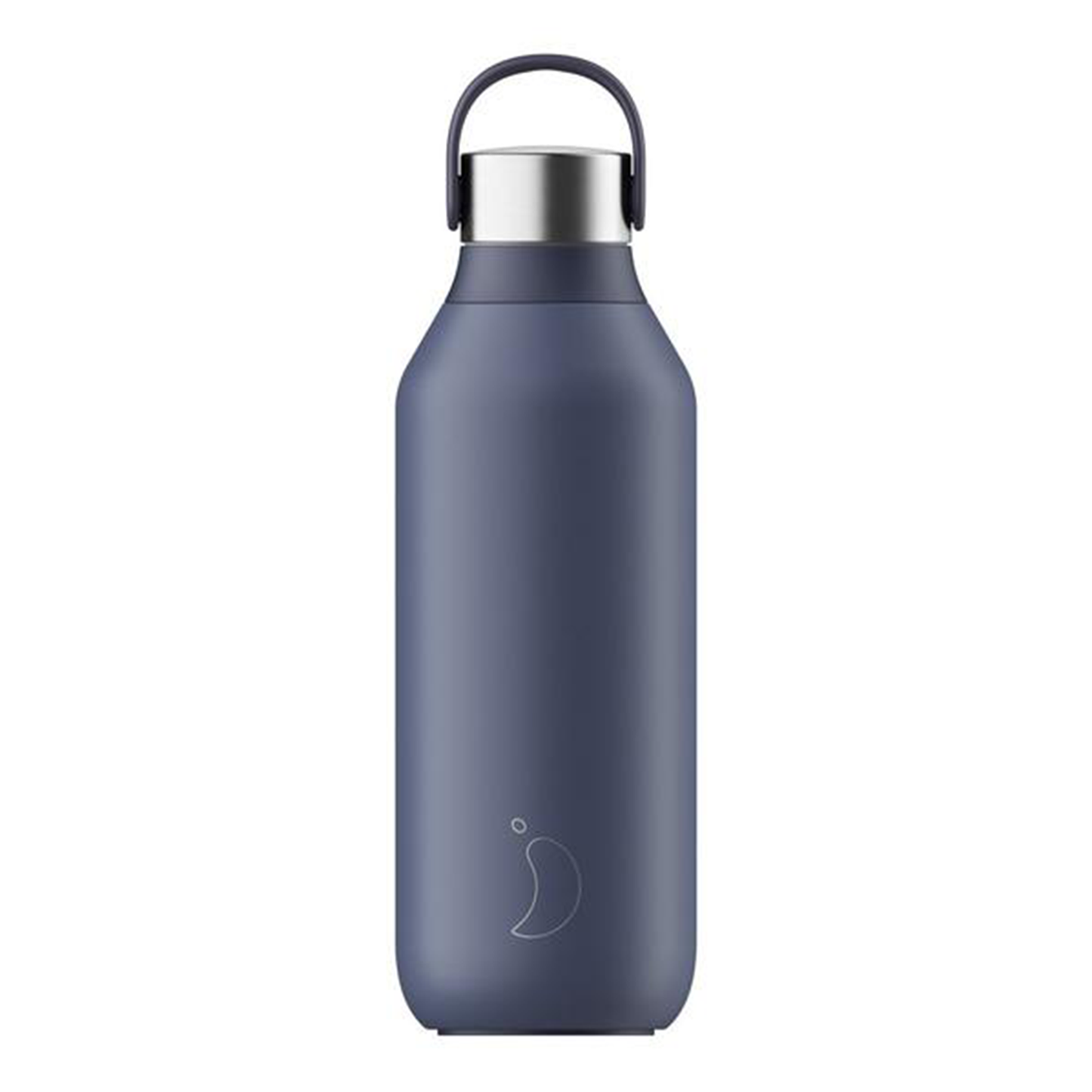 a navy blue chilly's bottle with a stainless steel cap and silicone carry loop